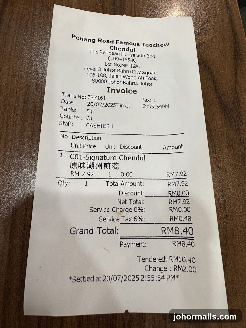 Penang Road Famous Teochew Chendul Invoice