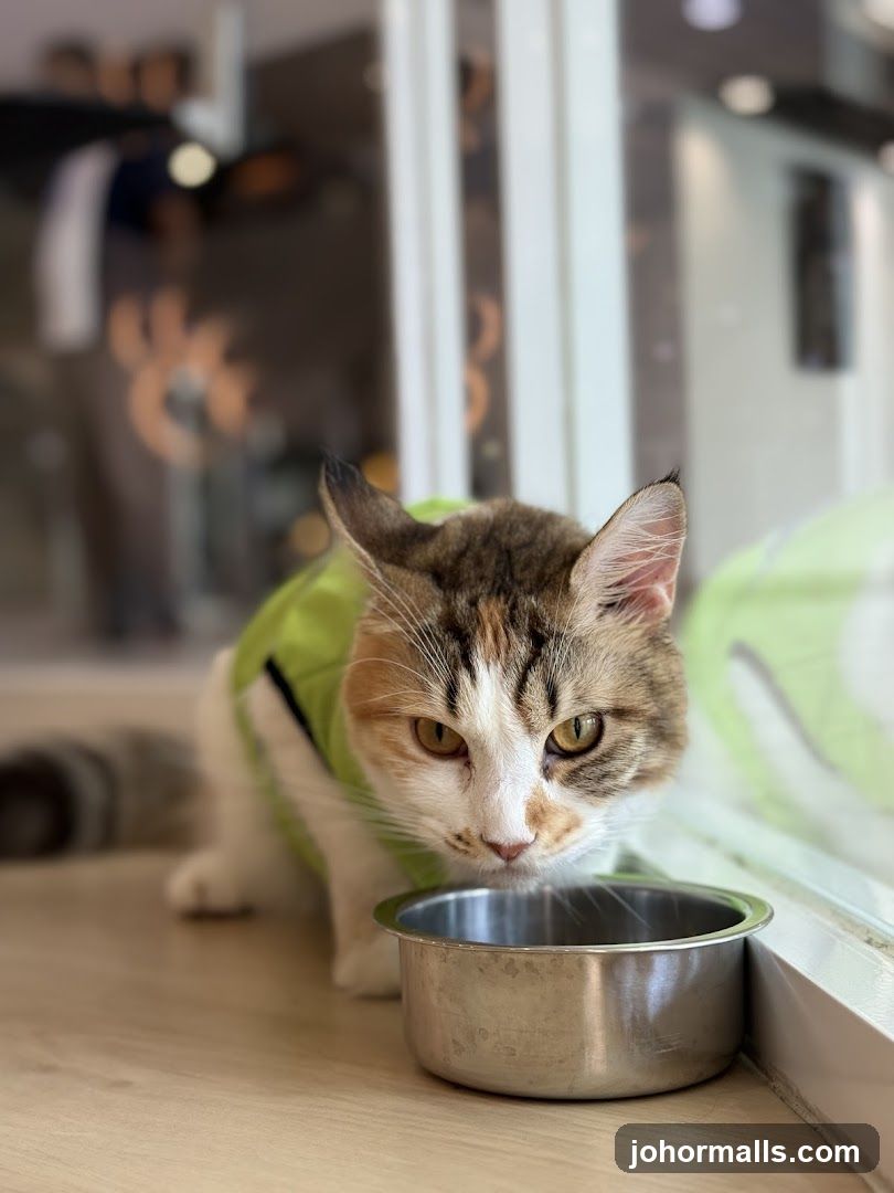 Cat with green vest near food bowl