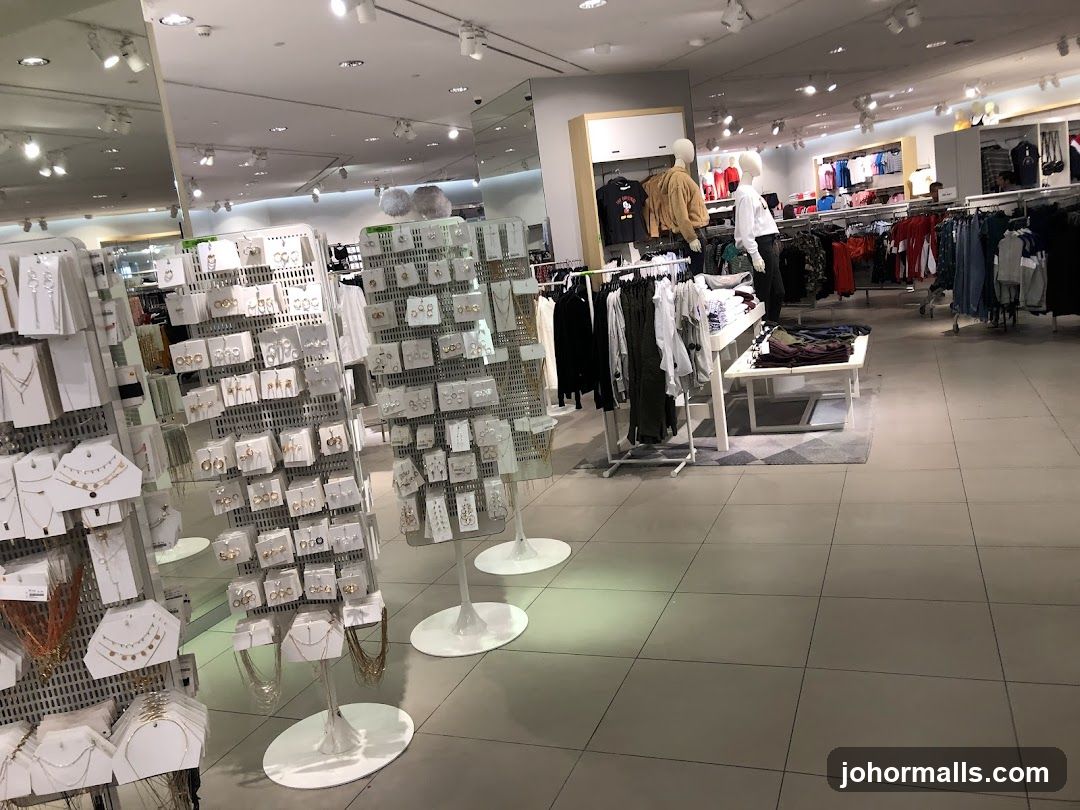Clothing store interior with jewelry displays