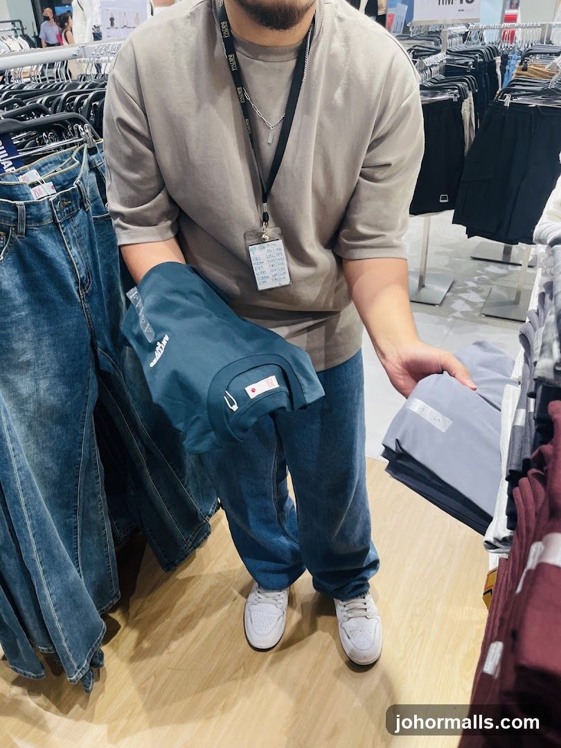 Man Holding T-shirts in a Clothing Store