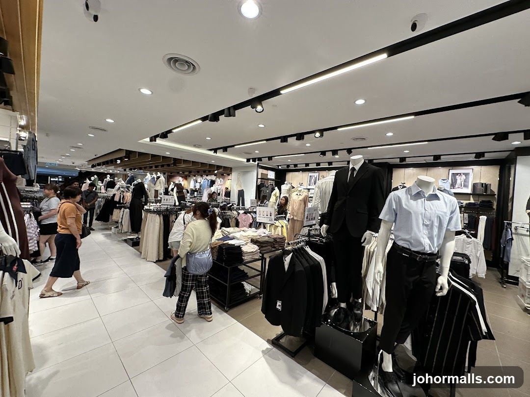 Clothing store interior with mannequins and shoppers