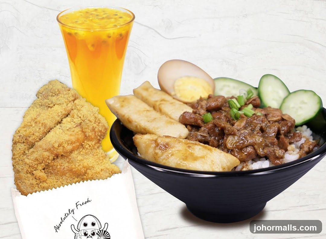 Taiwanese Braised Pork Rice Bowl with Fried Chicken and Passion Fruit Drink