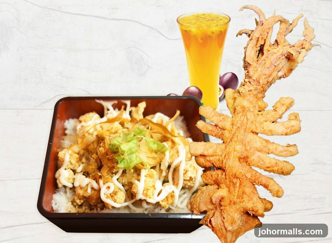 Fried Squid and Rice Bowl with Passion Fruit Drink