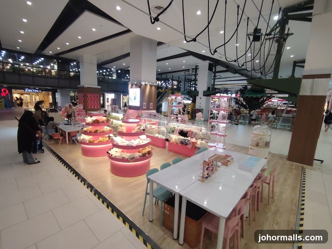 Children's play area with plush toys and craft tables