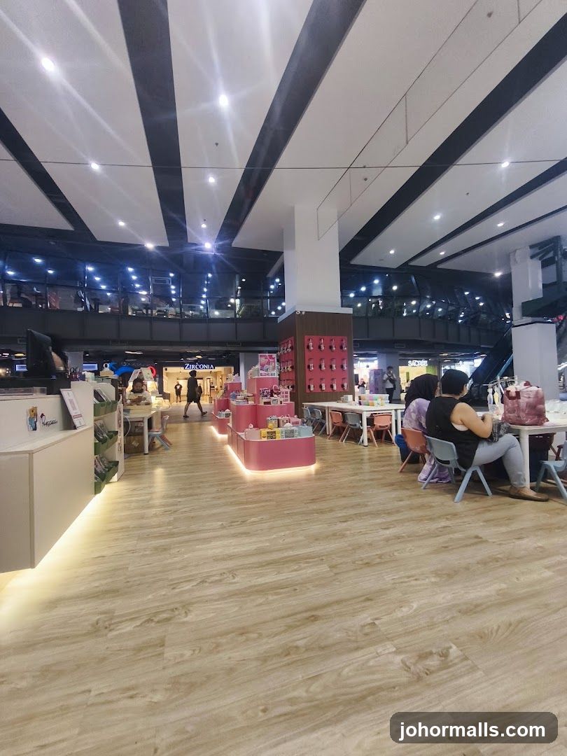 Interior of a retail store with display shelves and seating areas