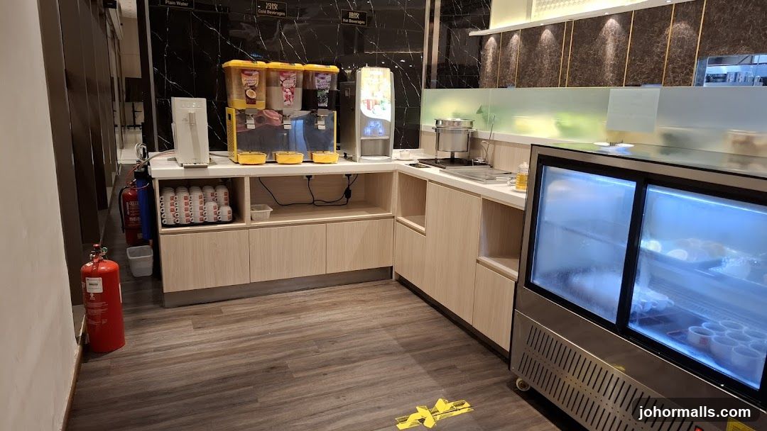 Buffet Station with Beverage Dispensers and Refrigerated Display