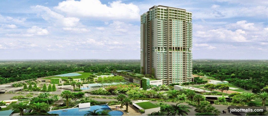 High-rise building with surrounding greenery and amenities