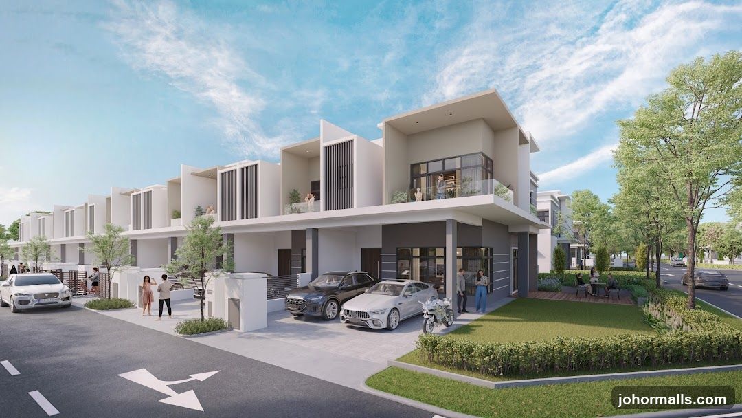 Modern Townhouses with Cars and People