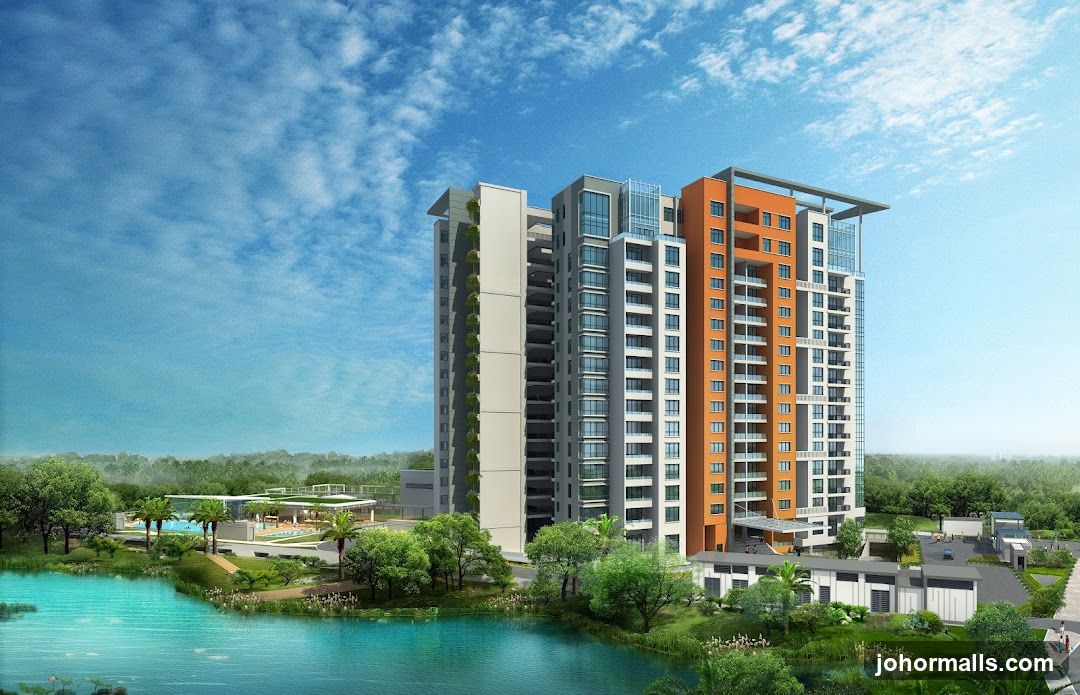 Modern Apartment Building with Lake and Amenities