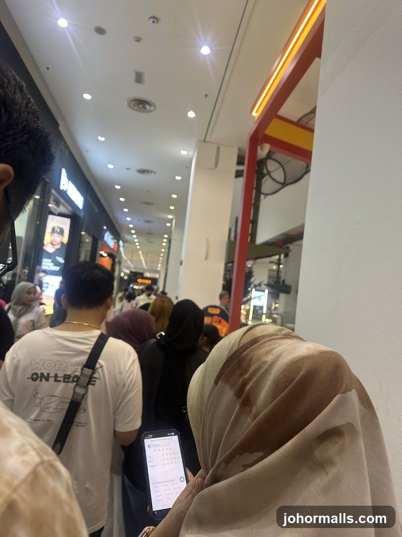 People in a queue inside a mall