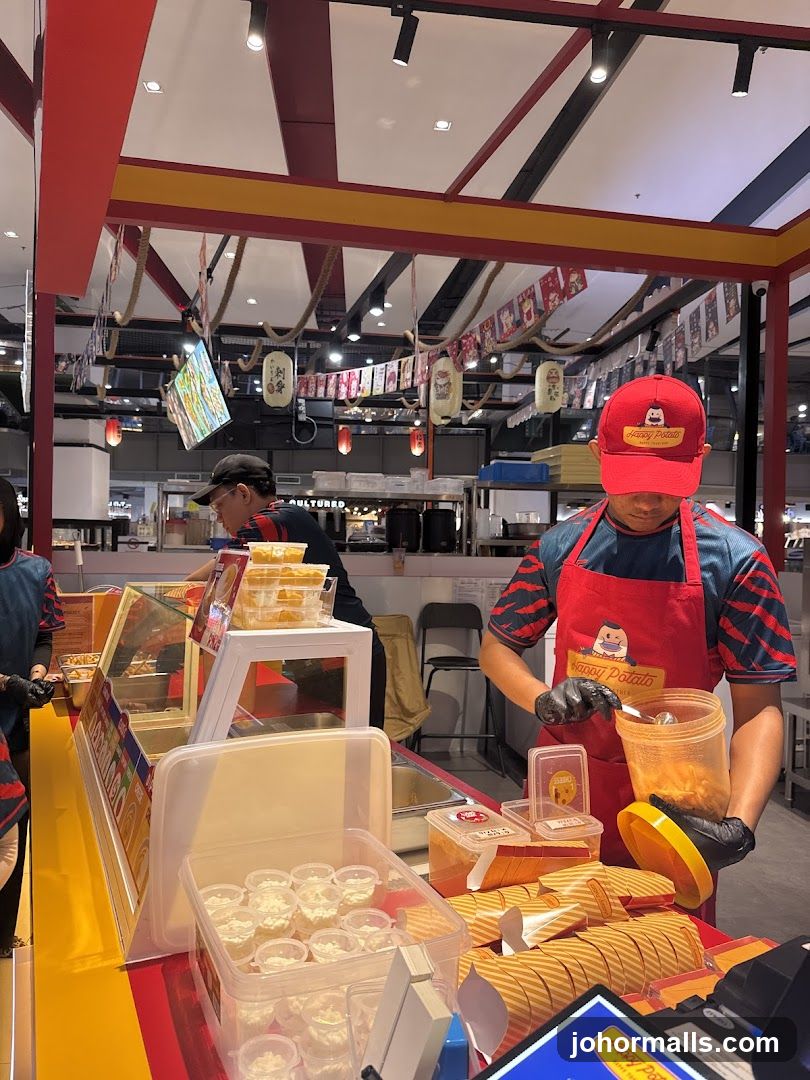 Food stall with staff preparing food