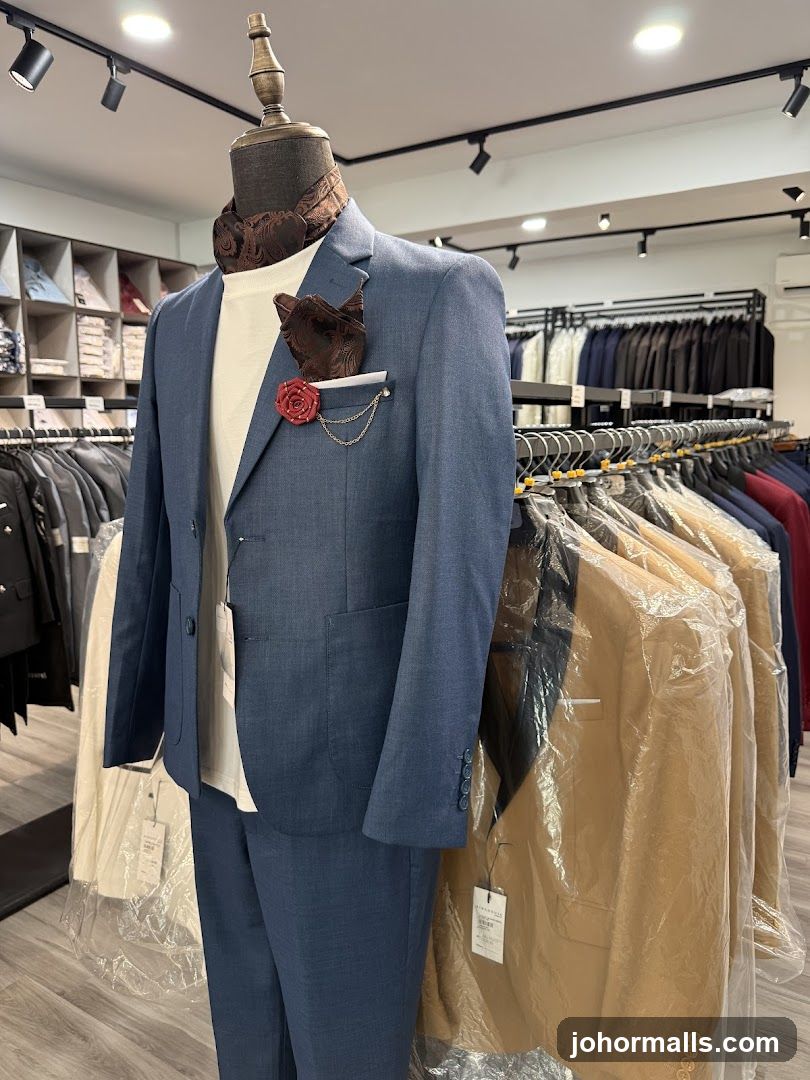 Mannequin in a blue suit with accessories