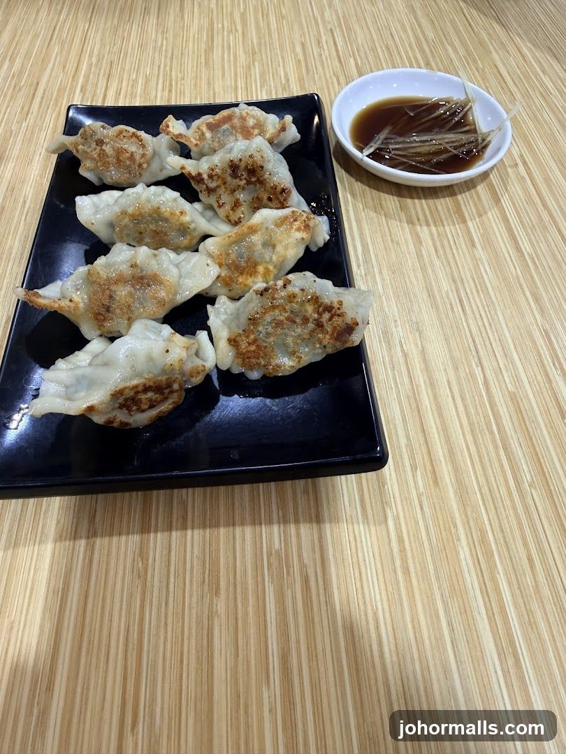 Pan-fried dumplings with dipping sauce