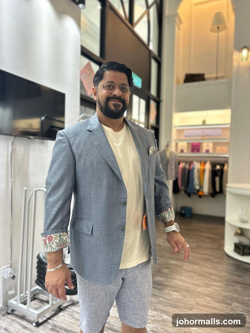 Man in a light blue suit jacket and grey shorts