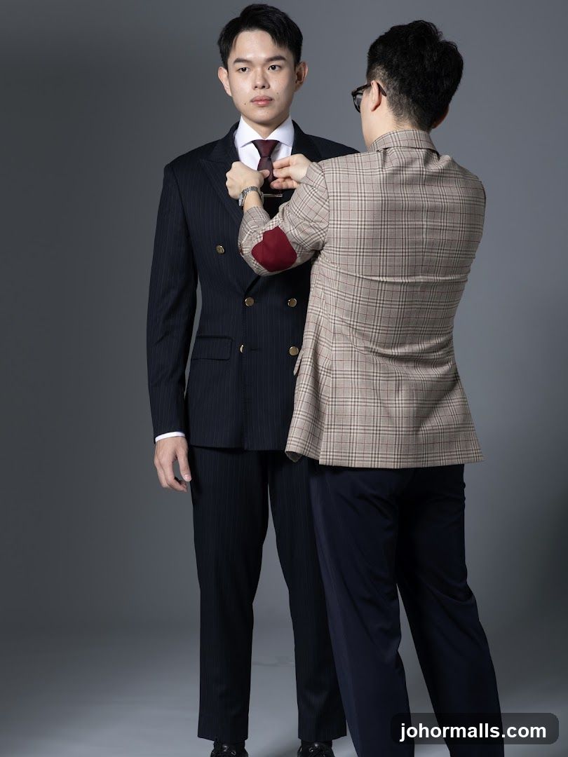 Tailor adjusting tie on a client