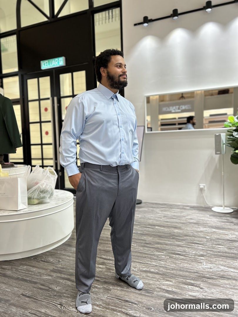 Man in a light blue dress shirt and grey pants