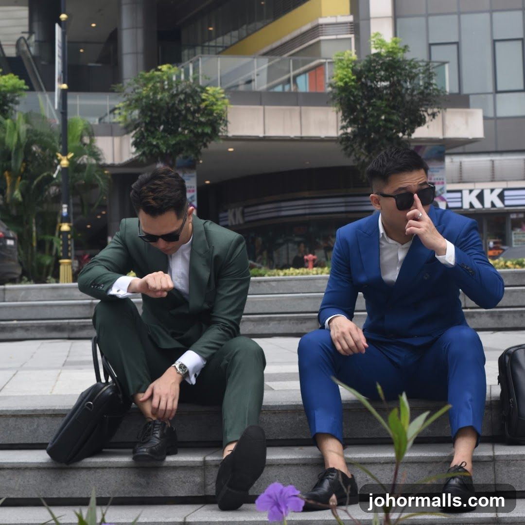 Two men in suits sitting on steps