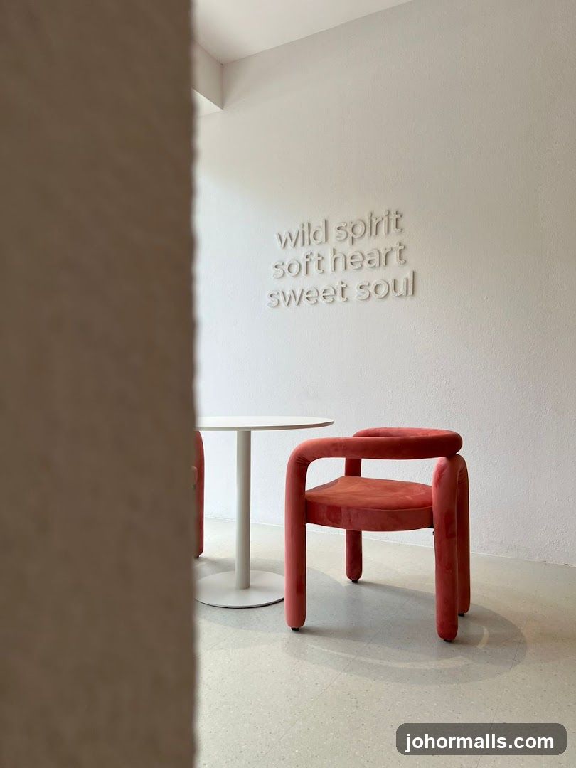 Interior seating area with text art
