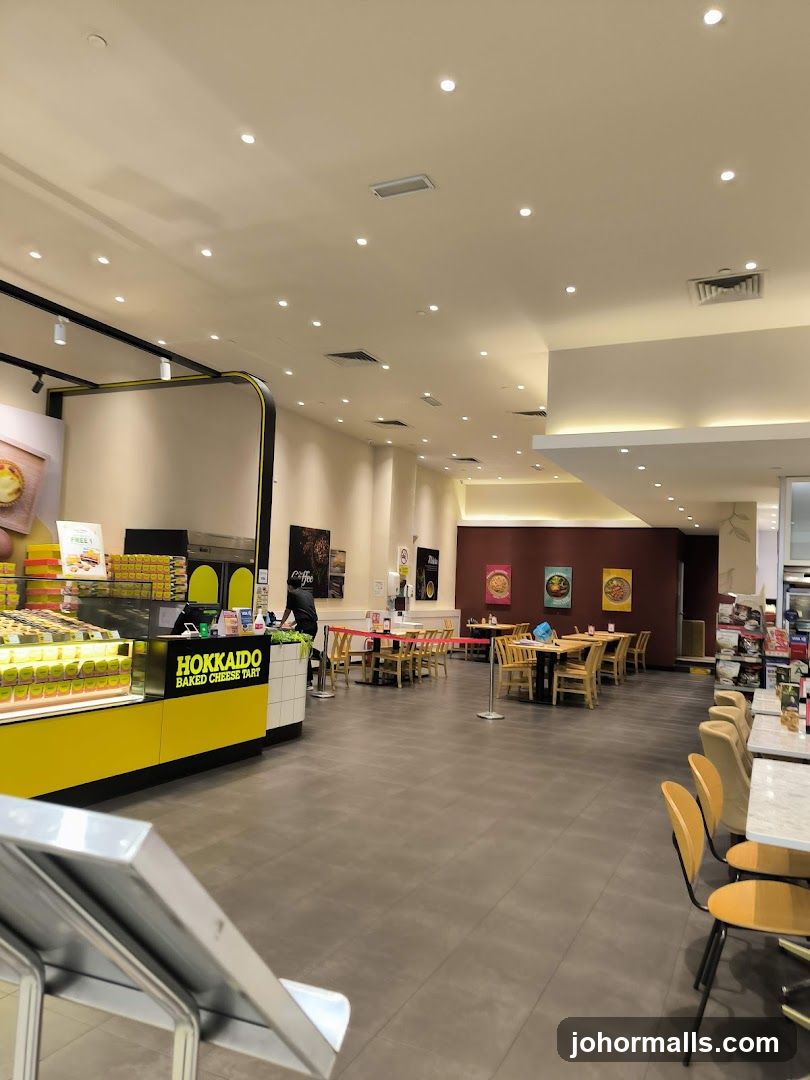 Interior of a cafe with seating and a display counter