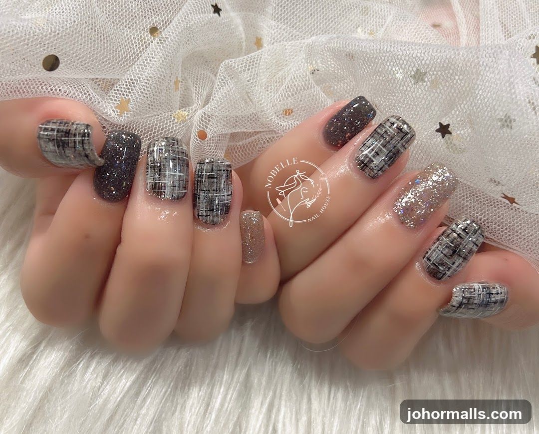 Nails with Plaid and Glitter Design