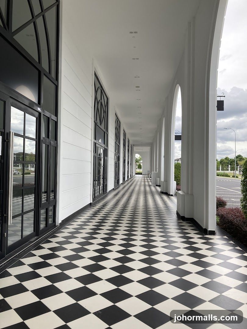 Covered Walkway with Black and White Tiled Floor