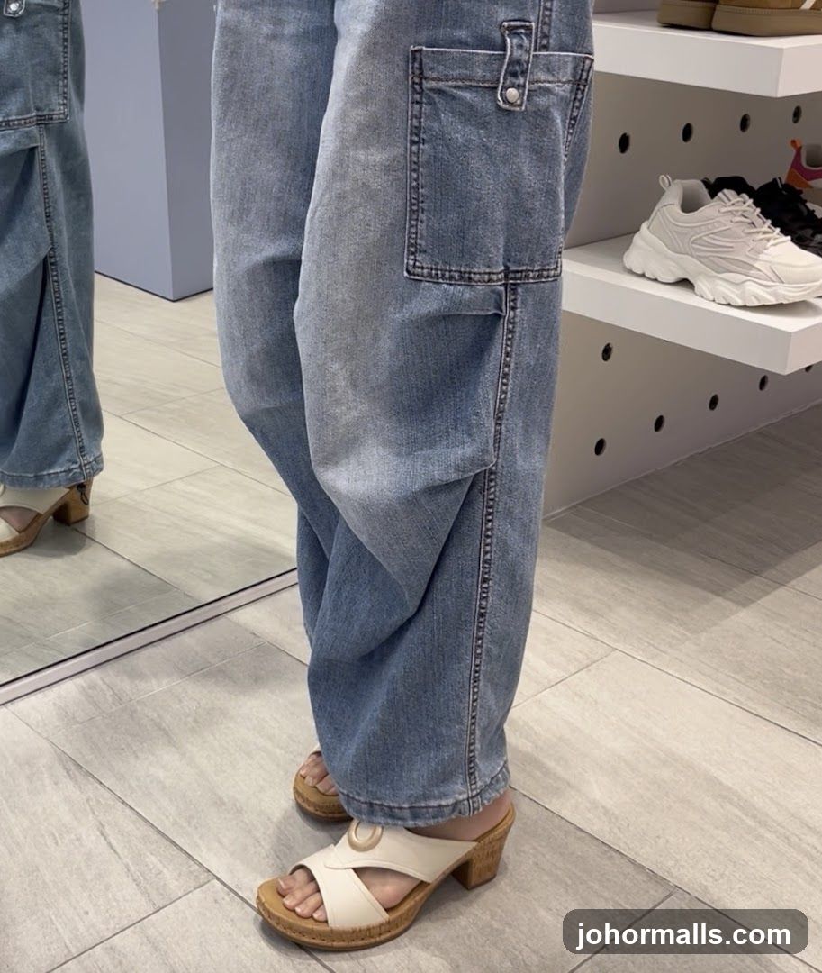 Person wearing wide-leg jeans and white heeled sandals