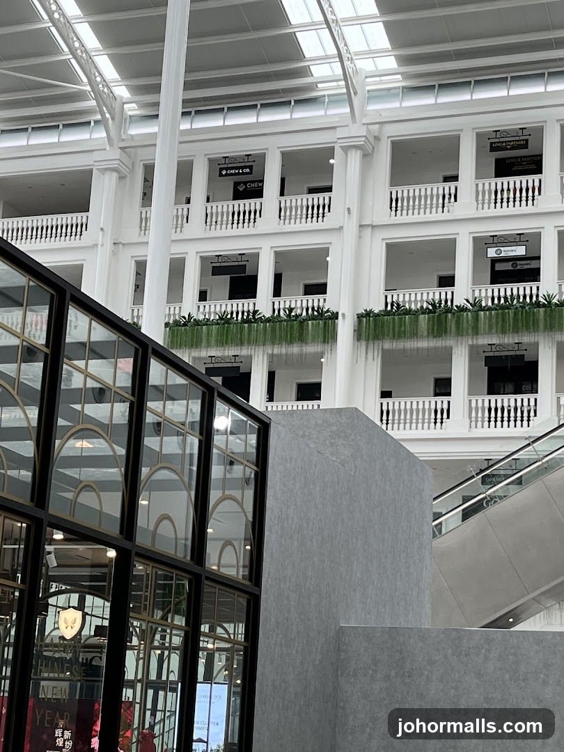 Interior of a multi-level building with shops