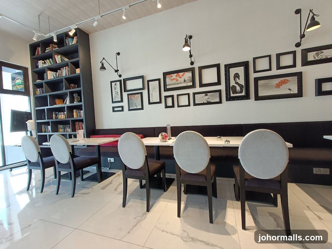 Cafe Interior with Bookshelf and Artwork