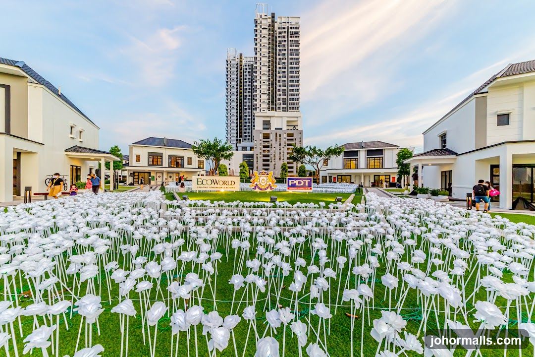 Outdoor Display with White Flowers and Buildings