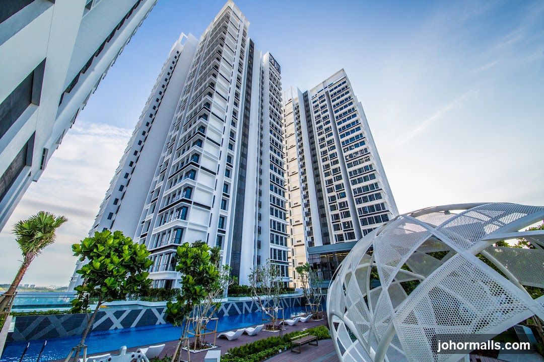 Modern High-Rise Buildings with Pool and Sculpture