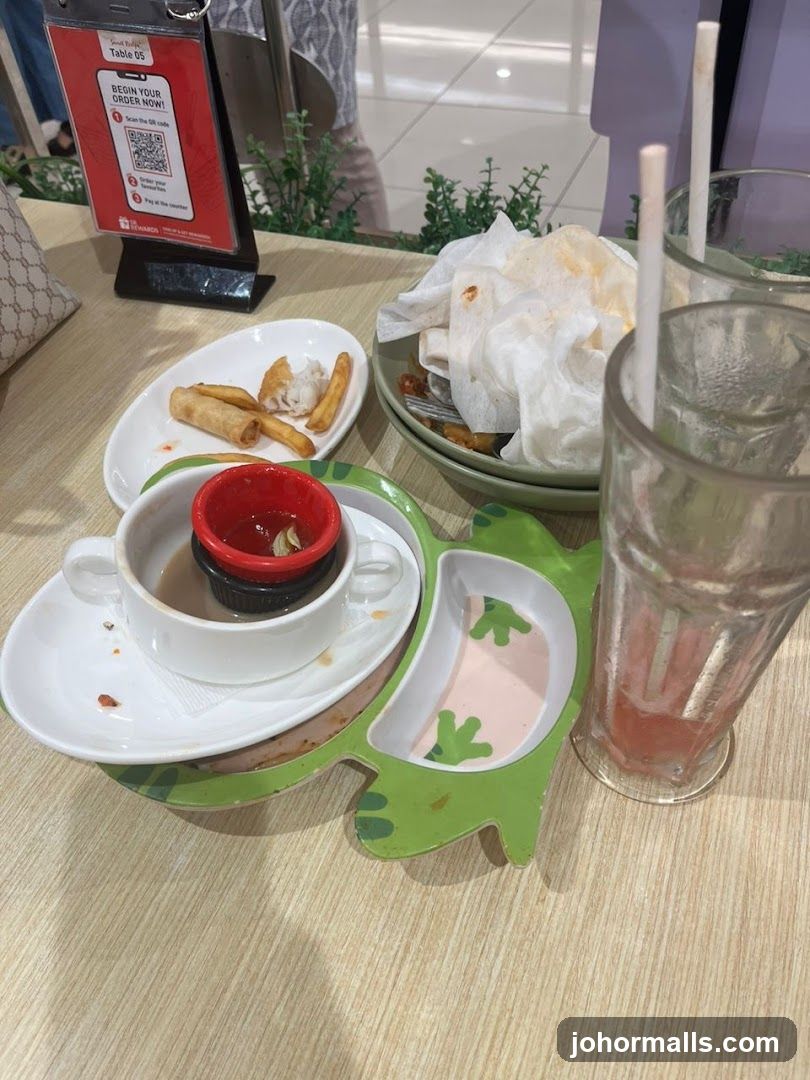 Table with leftover food and drinks