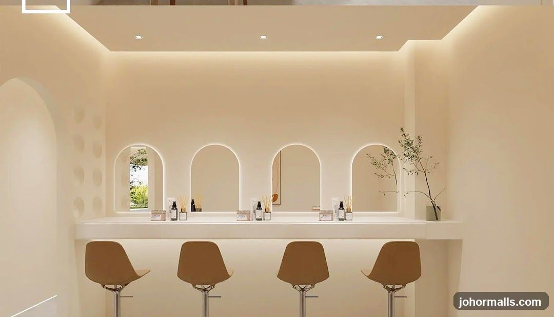 Salon Interior with Arched Mirrors and Bar Stools
