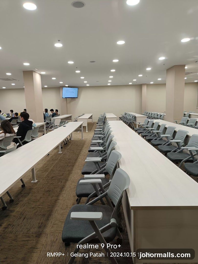 Classroom with long tables and chairs