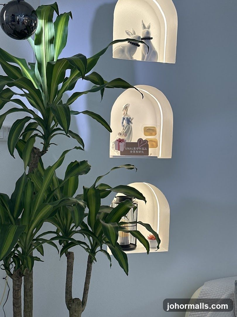 Decorative wall niches with figurines and plants