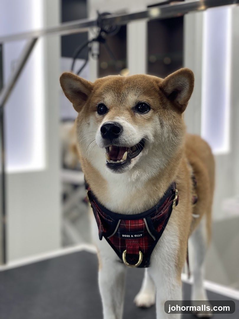 Shiba Inu wearing a plaid harness