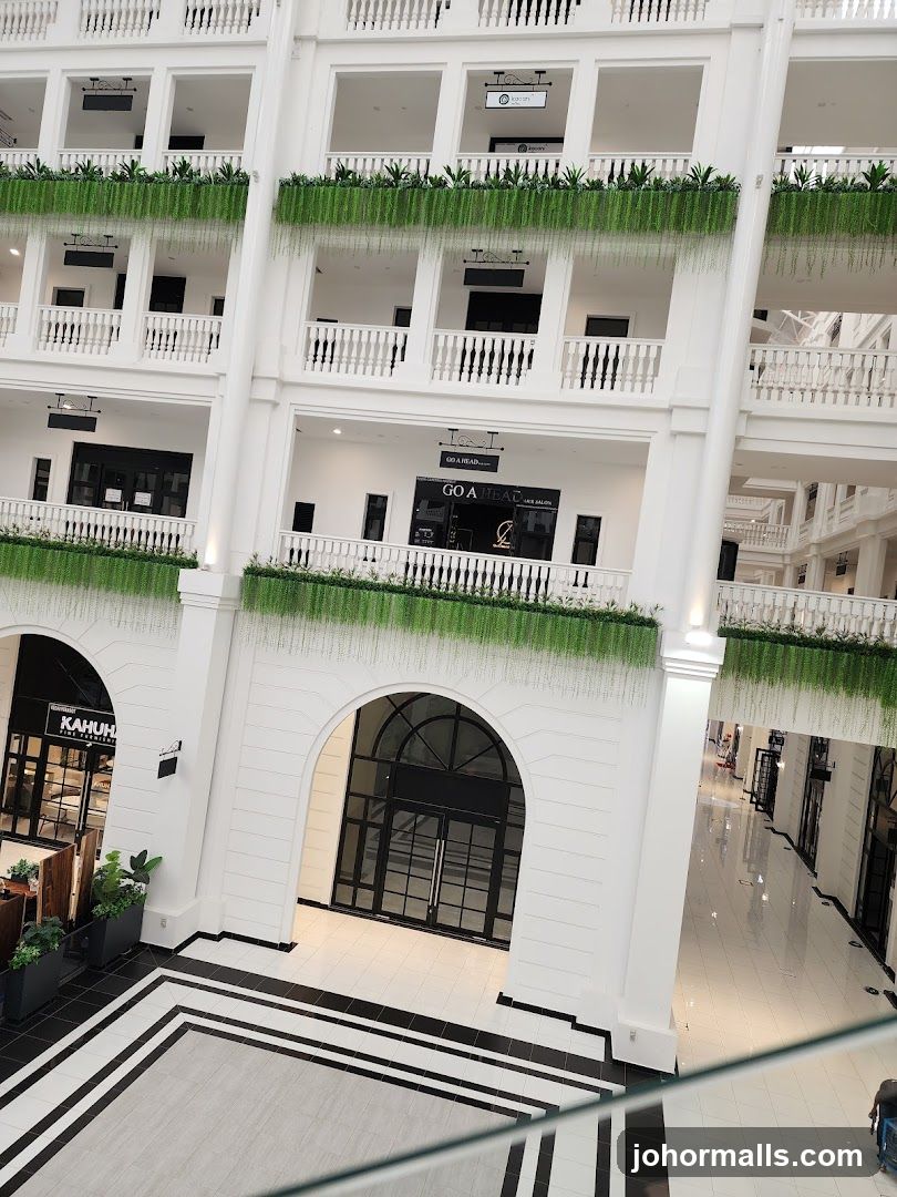 Interior of a multi-level building with shops
