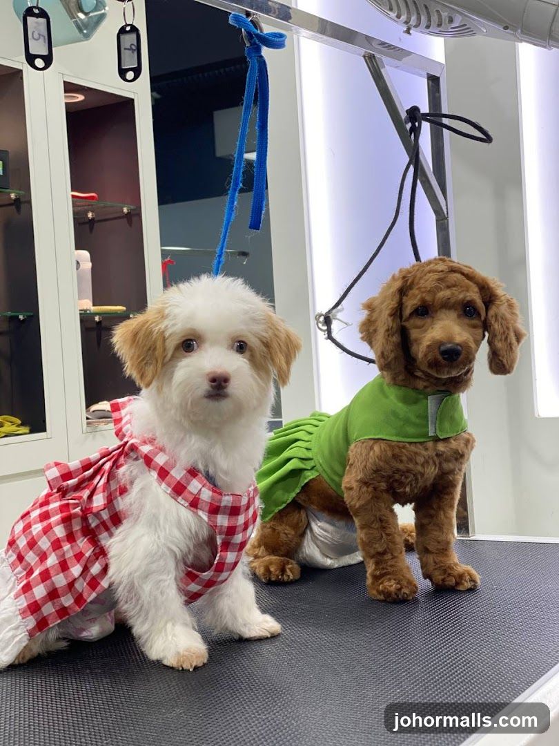 Two dogs dressed up on a grooming table