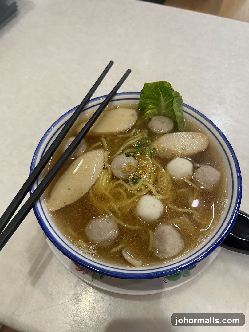 Bowl of Noodles with Meatballs and Fish Cakes