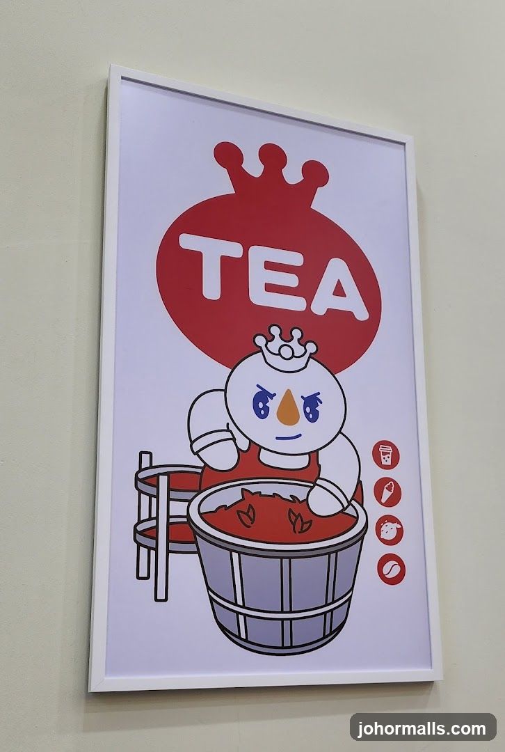Poster with cartoon character and tea imagery