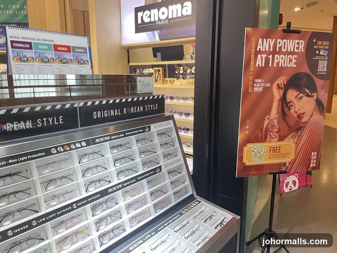 Eyewear store display with promotional poster