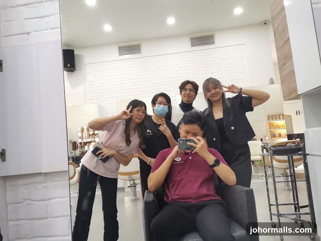 Group taking a selfie in a salon