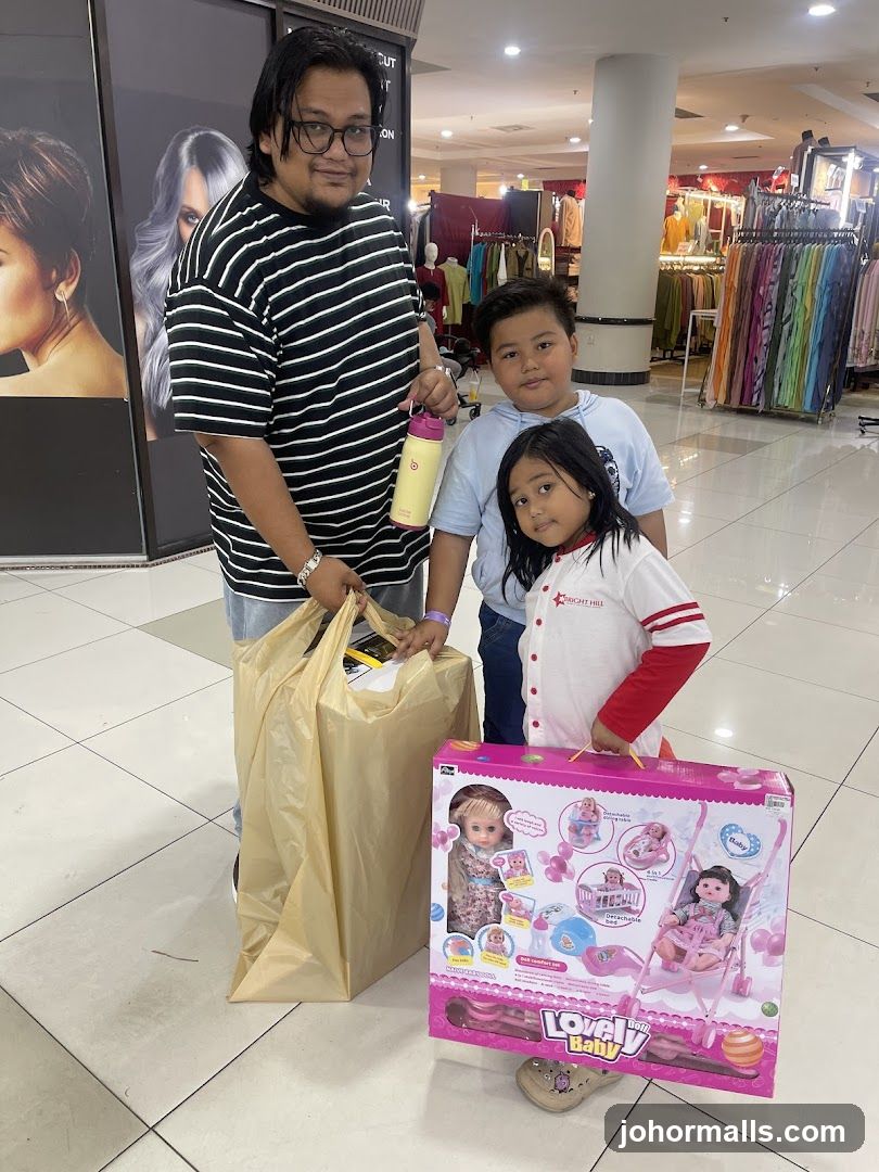 Family Posing with Toys in a Mall