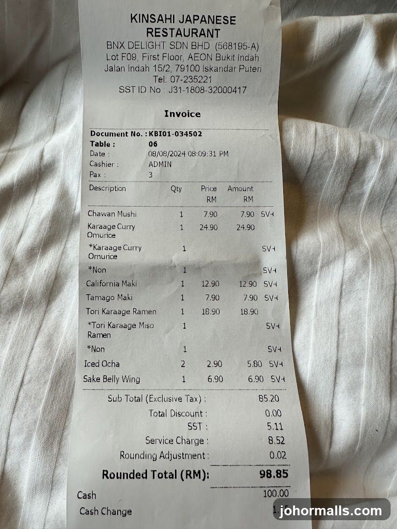KINSAHI JAPANESE RESTAURANT Invoice