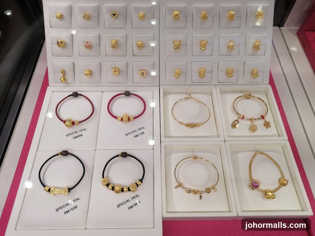 Gold Charms and Bracelets Display