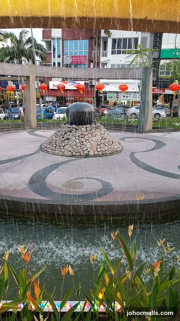 Fountain with Shops in Background