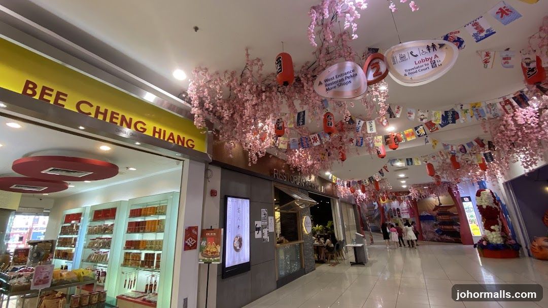 Mall Interior with Cherry Blossoms and Lanterns