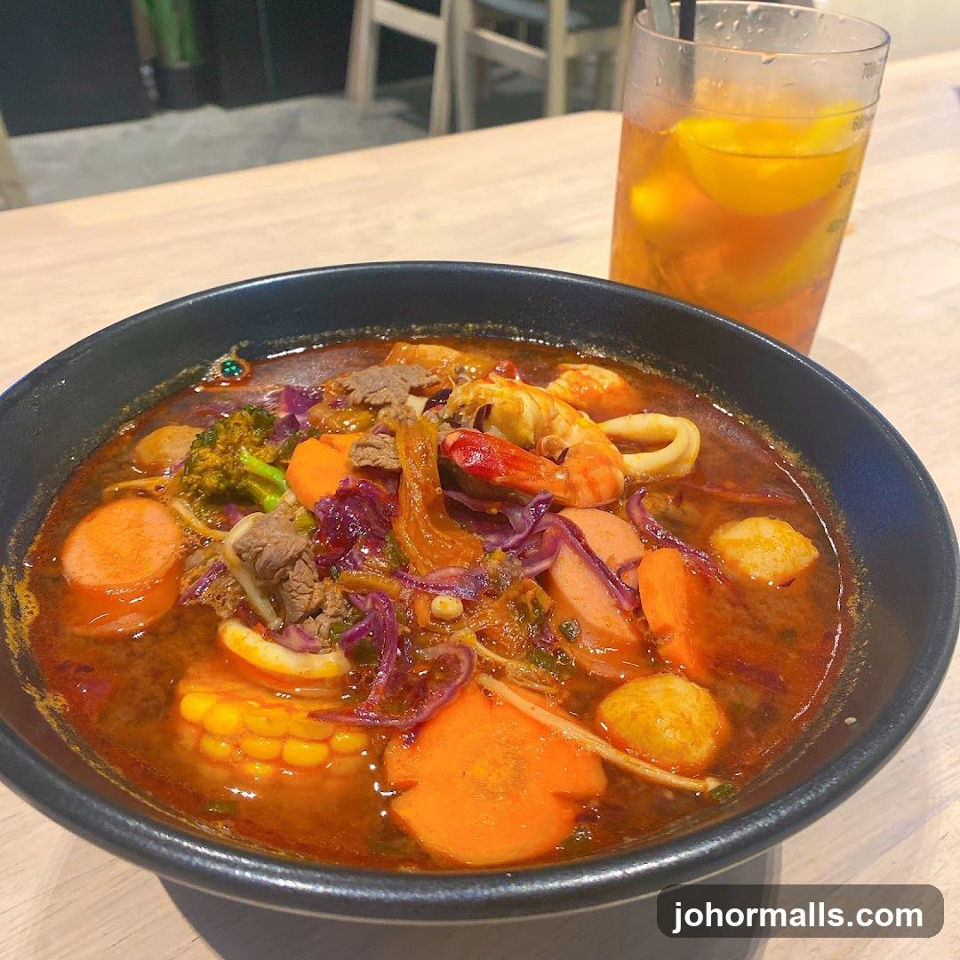 Spicy Noodle Soup with Seafood and Vegetables