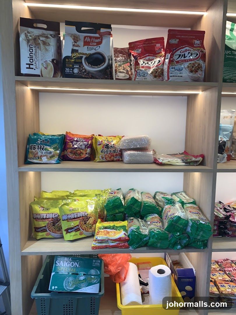 Shelves stocked with food items