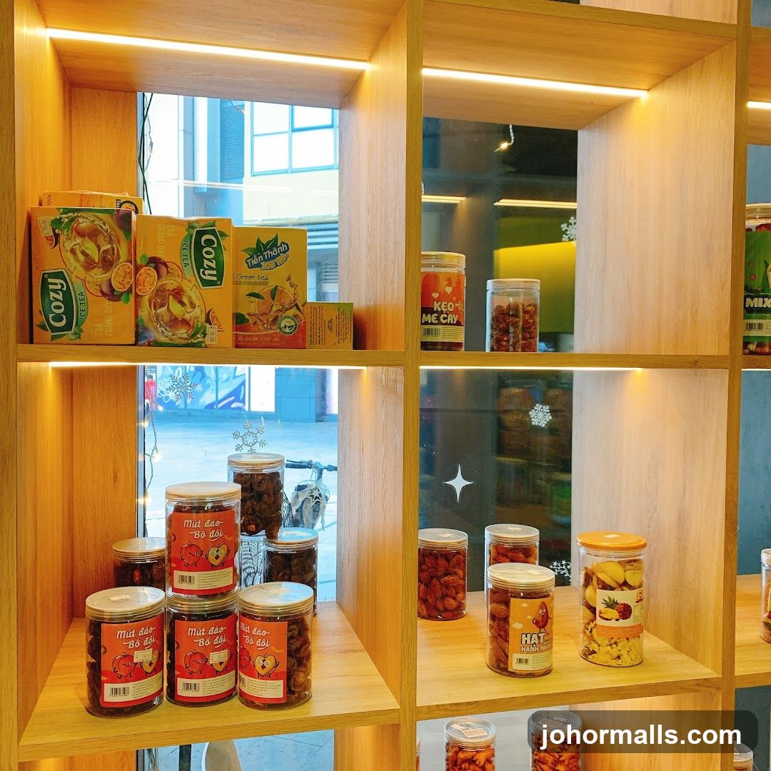 Shelves with packaged food and drinks