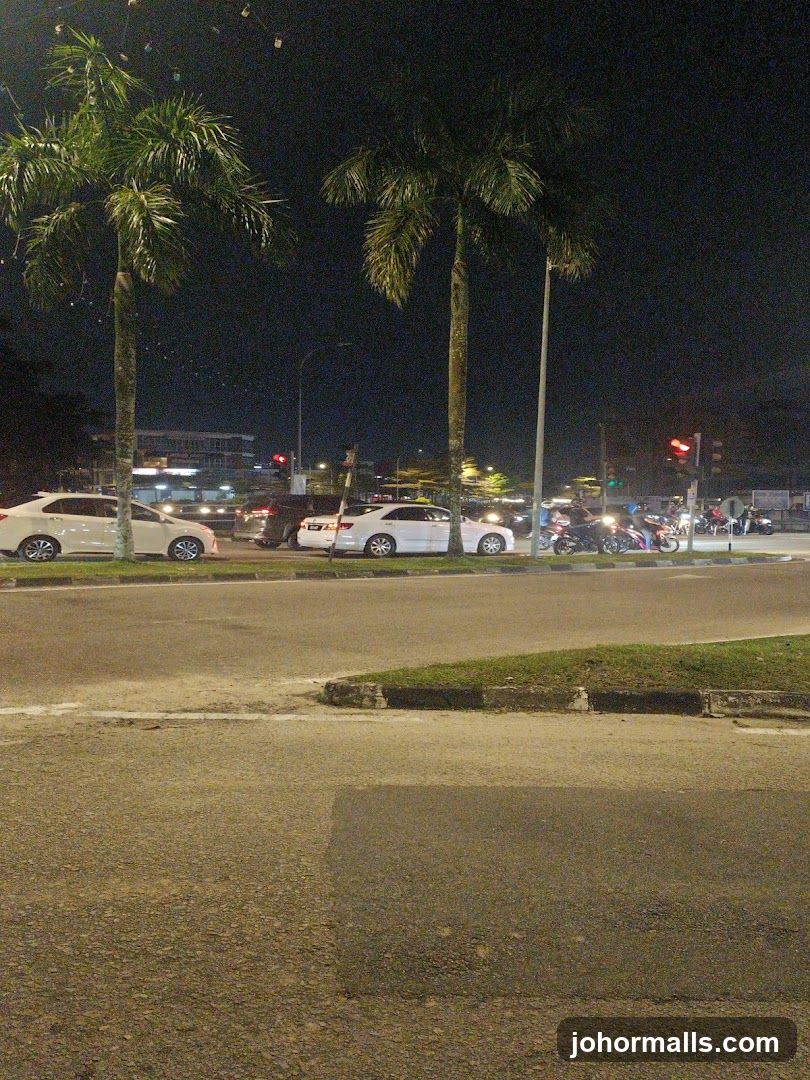 Nighttime street scene with palm trees and traffic